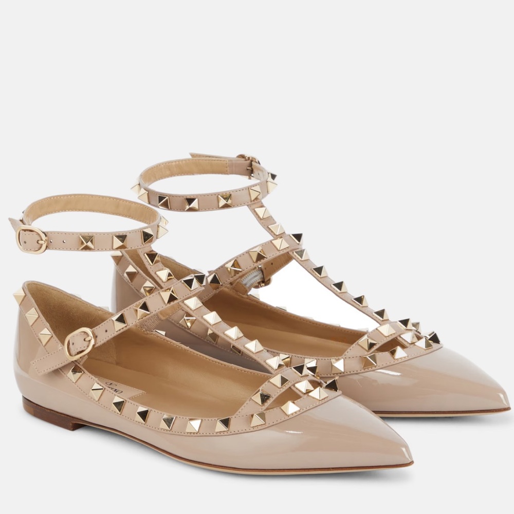 Valentino Garavani Rockstud Patent Leather Flats in Blush Nude (US 9.5–10)